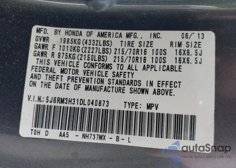 2013 Honda Cr-V Lx из США, поврежденный, VIN 5J6RM3H31DL040873